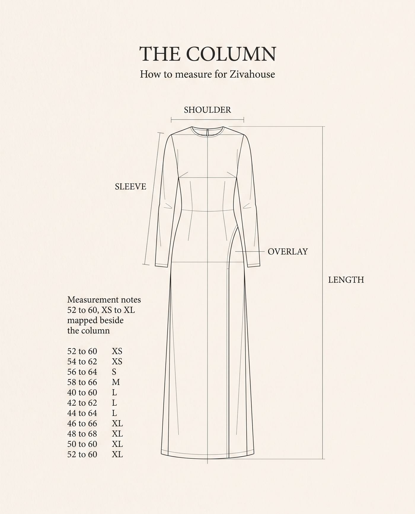 Size diagram for a Zivahouse abaya